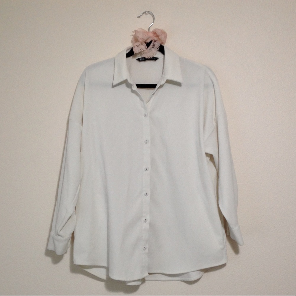 Zara Cream Soft Ribbed Collared Oversized Button Down Shirt